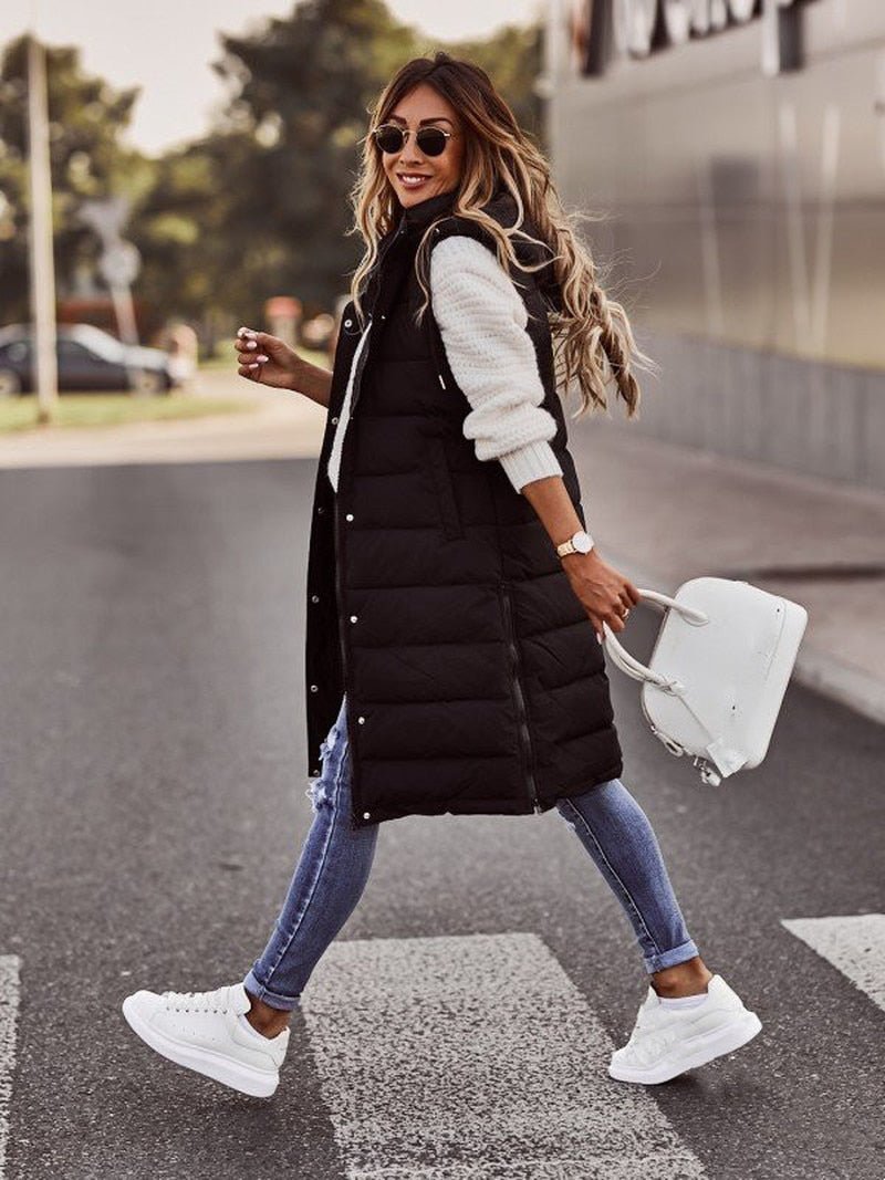 Women's Long Quilted Vest with Hood – Stylish Black Gilet for Fall and Winter, Perfect for Layering 0
