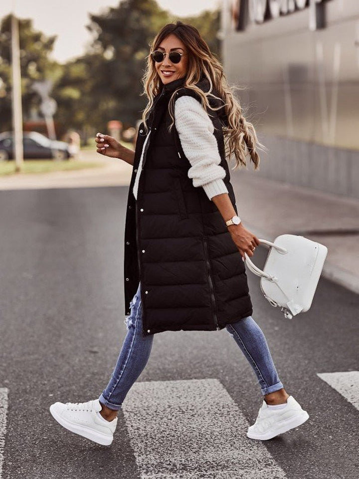 Women's Long Quilted Vest with Hood – Stylish Black Gilet for Fall and Winter, Perfect for Layering 0