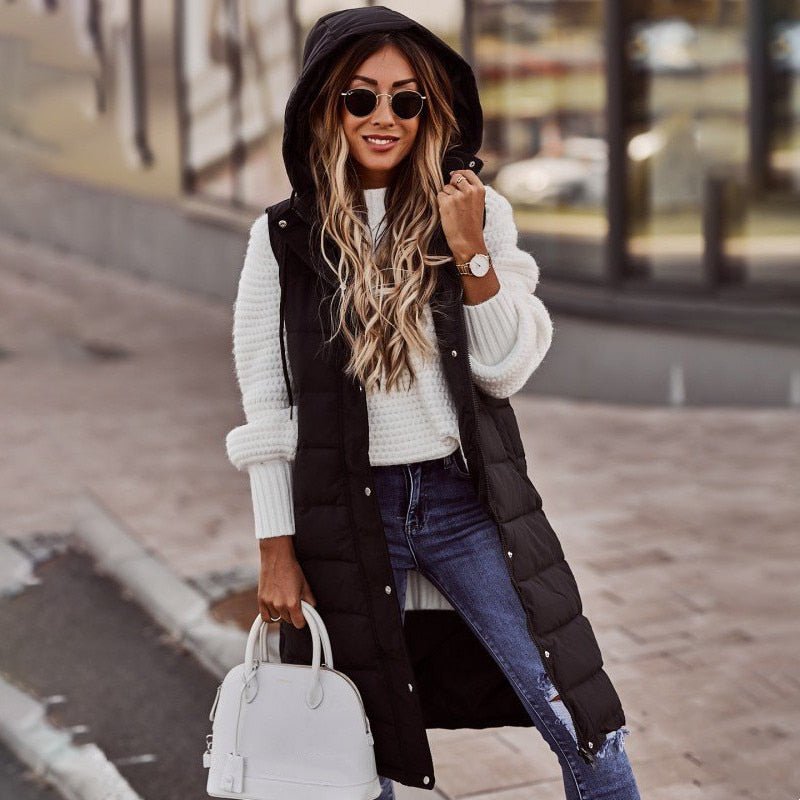 Women's Long Quilted Vest with Hood – Stylish Black Gilet for Fall and Winter, Perfect for Layering 1
