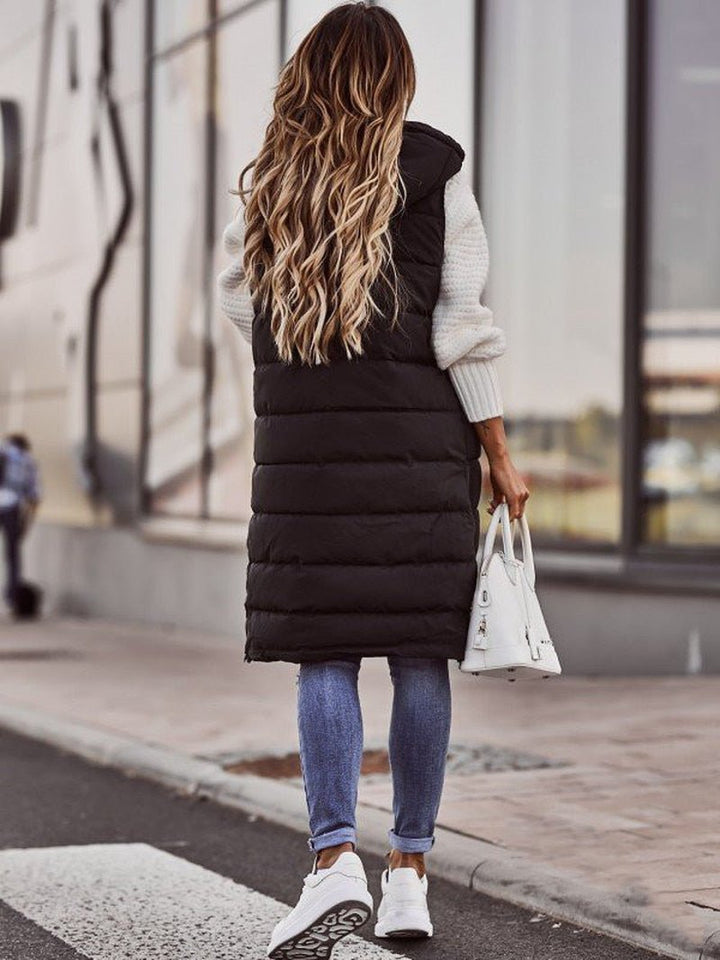 Women's Long Quilted Vest with Hood – Stylish Black Gilet for Fall and Winter, Perfect for Layering 3
