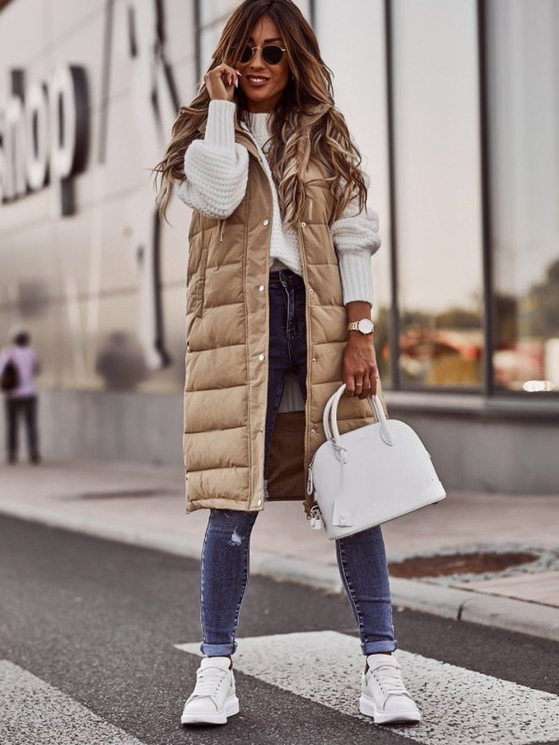 Women's Long Quilted Vest with Hood – Stylish Black Gilet for Fall and Winter, Perfect for Layering 4