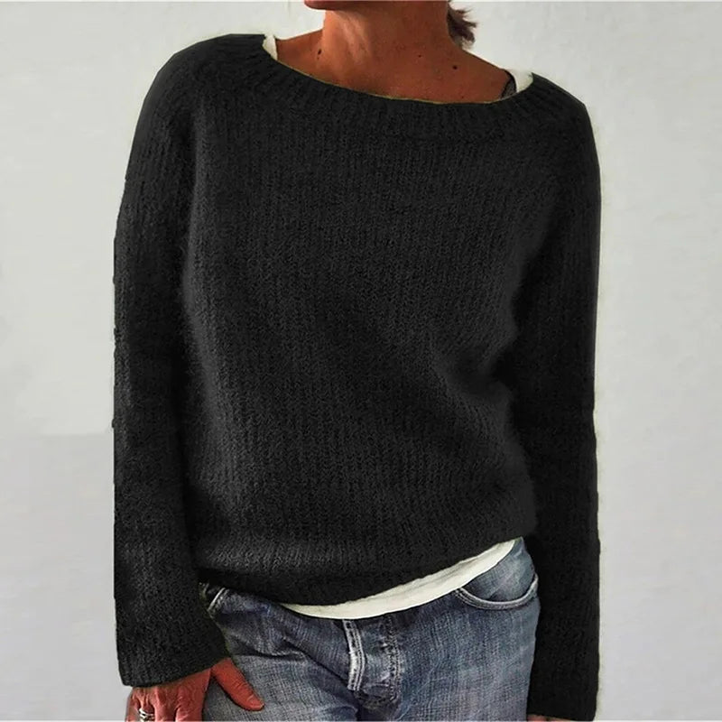 Women's Loose Fit Knit Sweater with Boat Neck and Long Sleeves – Cozy Casual Jumper in Soft Knit Fabric 0