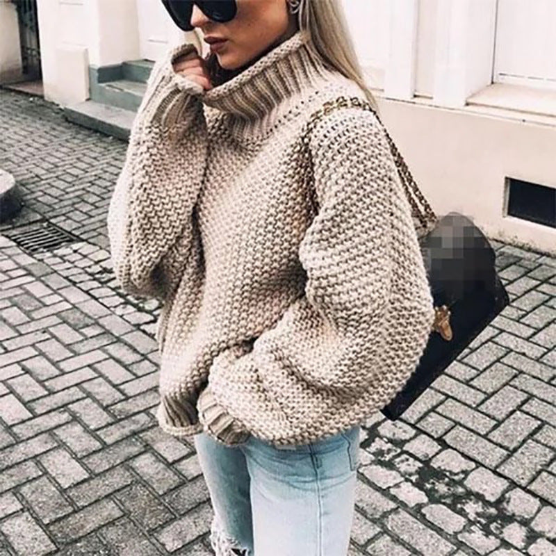 Women's Oversized Chunky Knit Turtleneck Sweater for Warmth and Comfort - Cozy Acrylic Blend Jumper 1