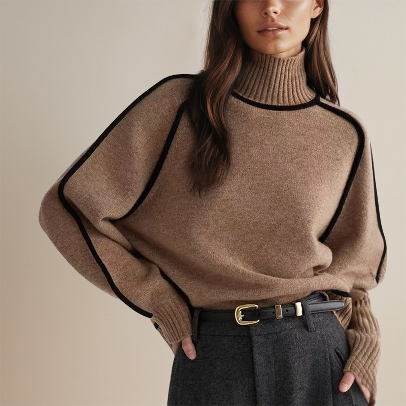 Women's Oversized Turtleneck Sweater with Contrast Trim – Cozy Soft Knitwear for Effortless Style 0