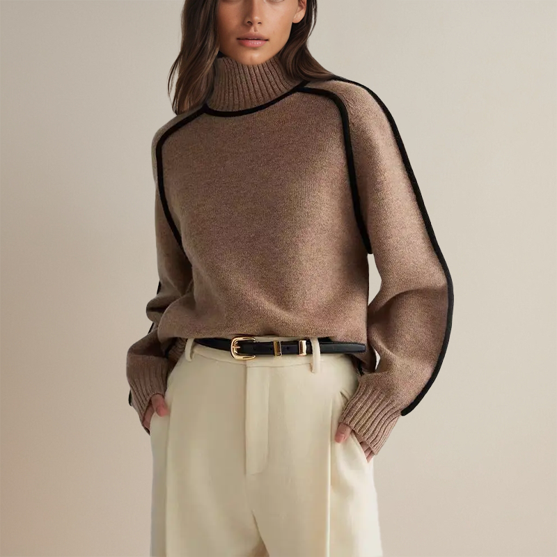 Women's Oversized Turtleneck Sweater with Contrast Trim – Cozy Soft Knitwear for Effortless Style 1