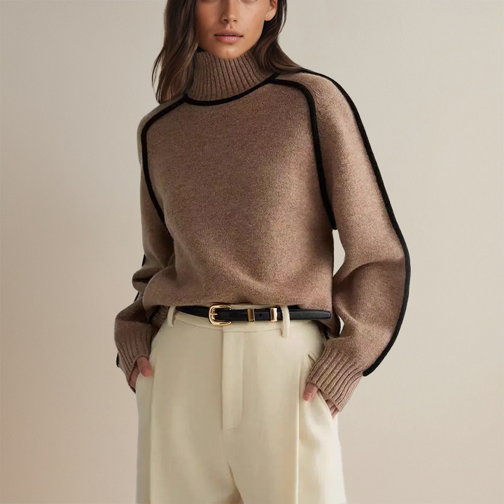 Women's Oversized Turtleneck Sweater with Contrast Trim – Cozy Soft Knitwear for Effortless Style 1