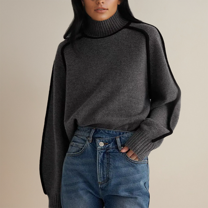 Women's Oversized Turtleneck Sweater with Contrast Trim – Cozy Soft Knitwear for Effortless Style 2