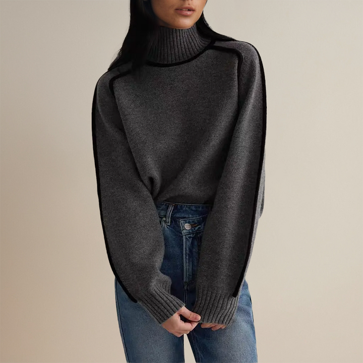 Women's Oversized Turtleneck Sweater with Contrast Trim – Cozy Soft Knitwear for Effortless Style 3