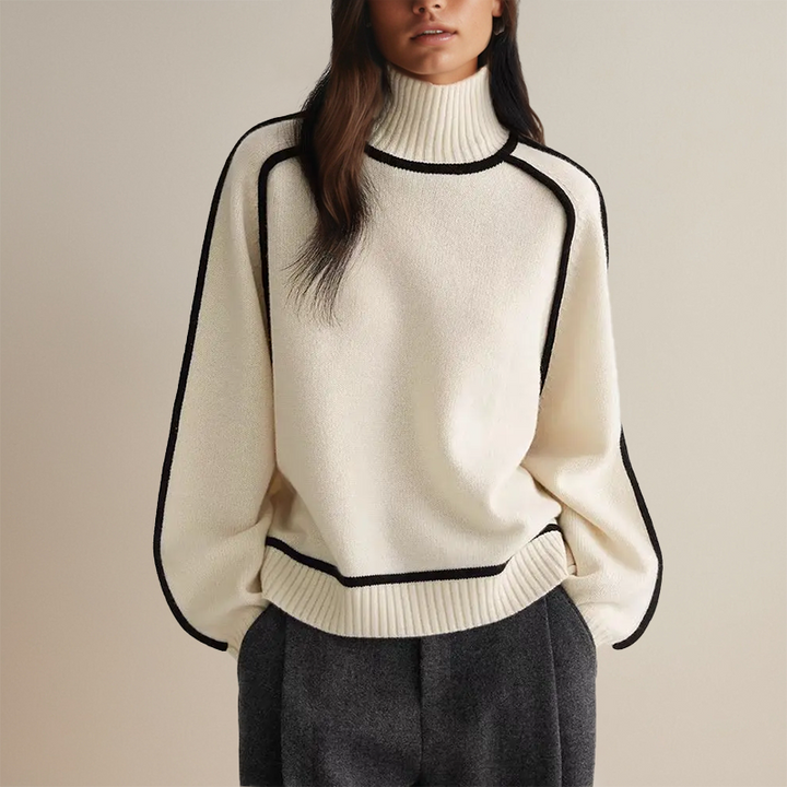 Women's Oversized Turtleneck Sweater with Contrast Trim – Cozy Soft Knitwear for Effortless Style 4