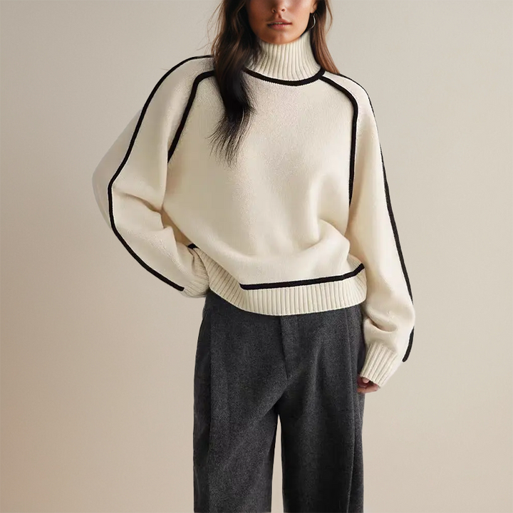 Women's Oversized Turtleneck Sweater with Contrast Trim – Cozy Soft Knitwear for Effortless Style 5
