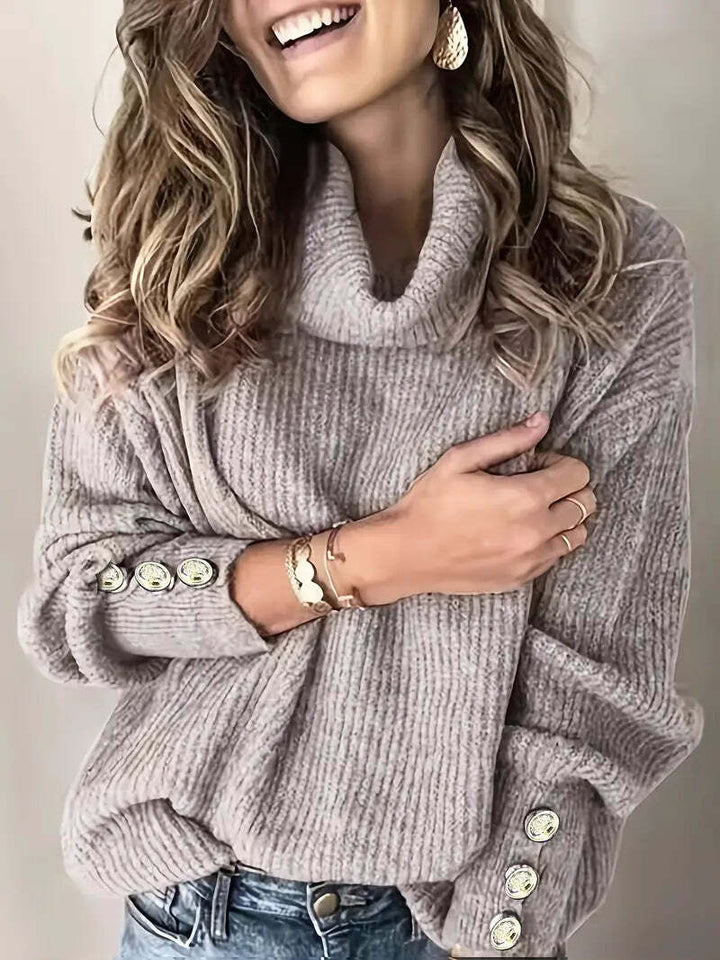Women's Relaxed Fit Turtleneck Sweater with Button Sleeves – Cozy Knit Jumper for Effortless Style 2
