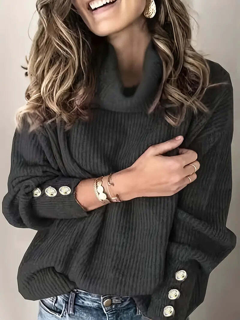 Women's Relaxed Fit Turtleneck Sweater with Button Sleeves – Cozy Knit Jumper for Effortless Style 3