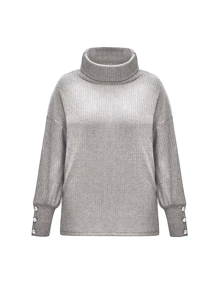 Women's Relaxed Fit Turtleneck Sweater with Button Sleeves – Cozy Knit Jumper for Effortless Style 4