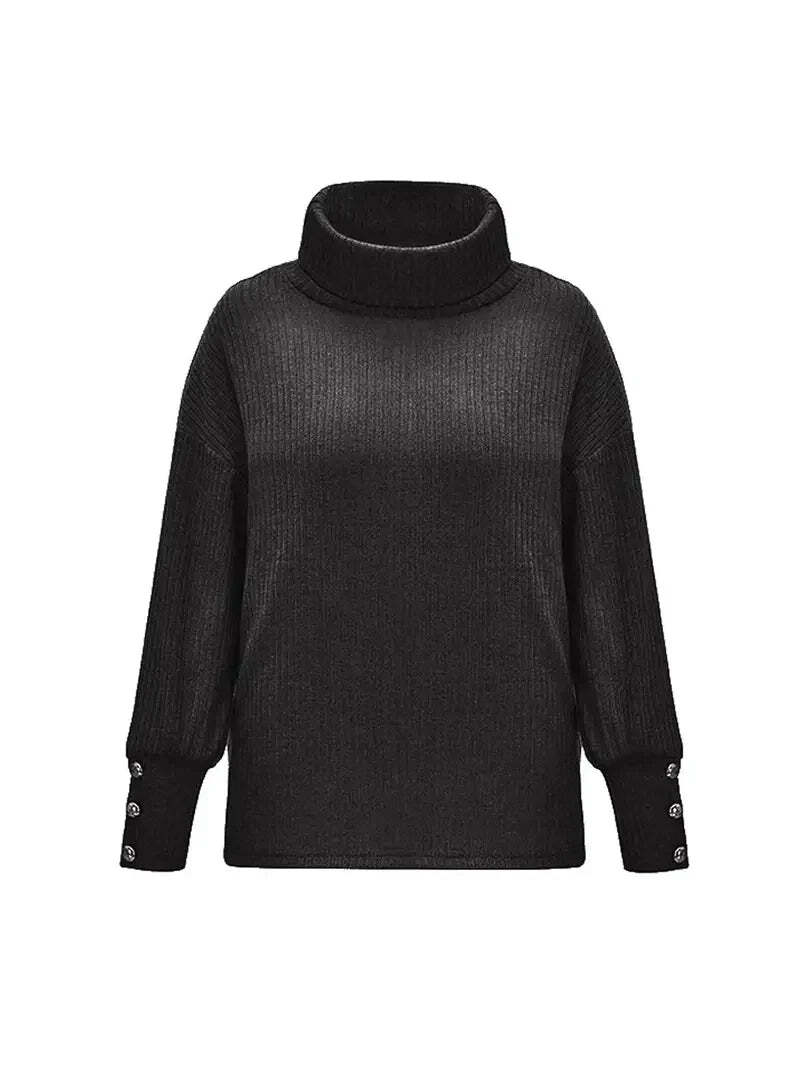 Women's Relaxed Fit Turtleneck Sweater with Button Sleeves – Cozy Knit Jumper for Effortless Style 5