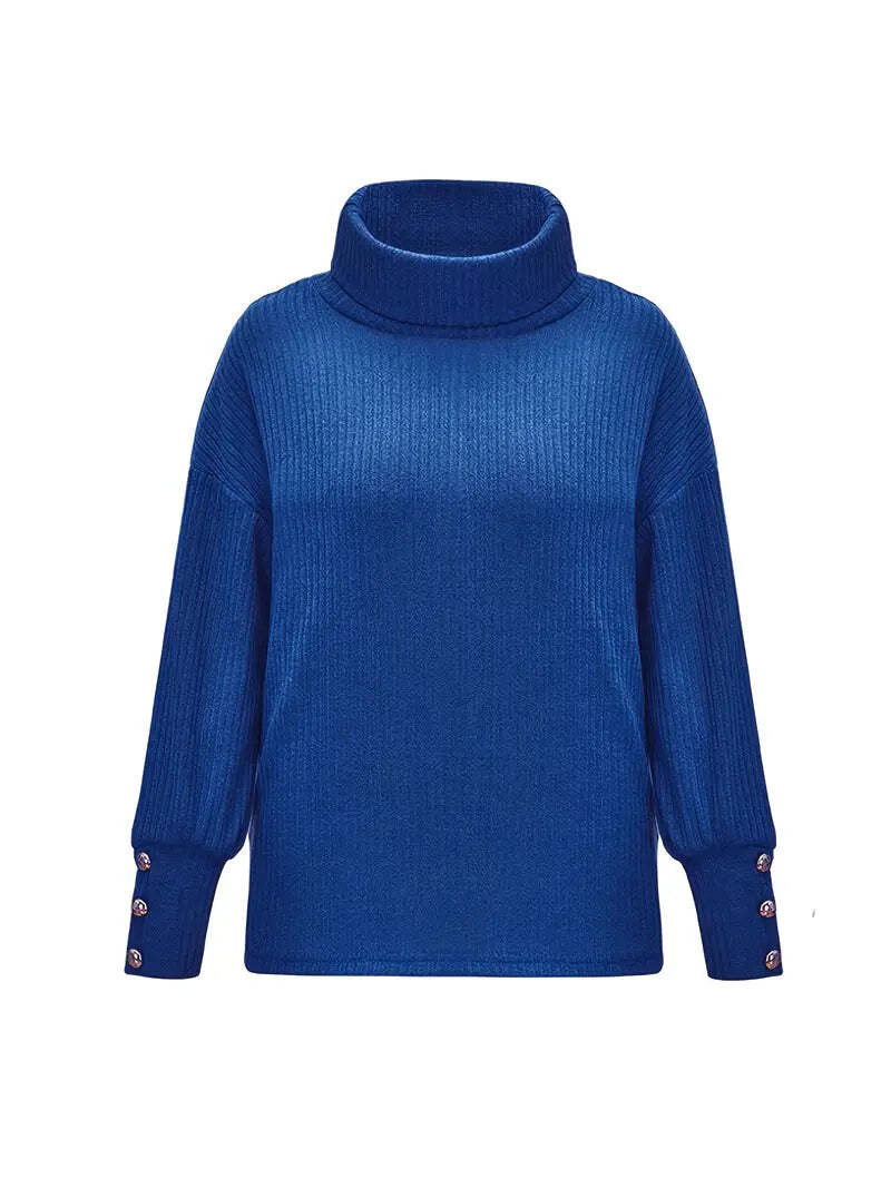 Women's Relaxed Fit Turtleneck Sweater with Button Sleeves – Cozy Knit Jumper for Effortless Style 7