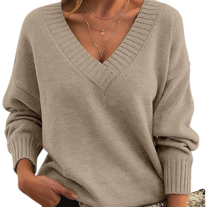 Women's Relaxed Fit V-Neck Sweater - Soft Textured Knit Jumper for Everyday Wear 0