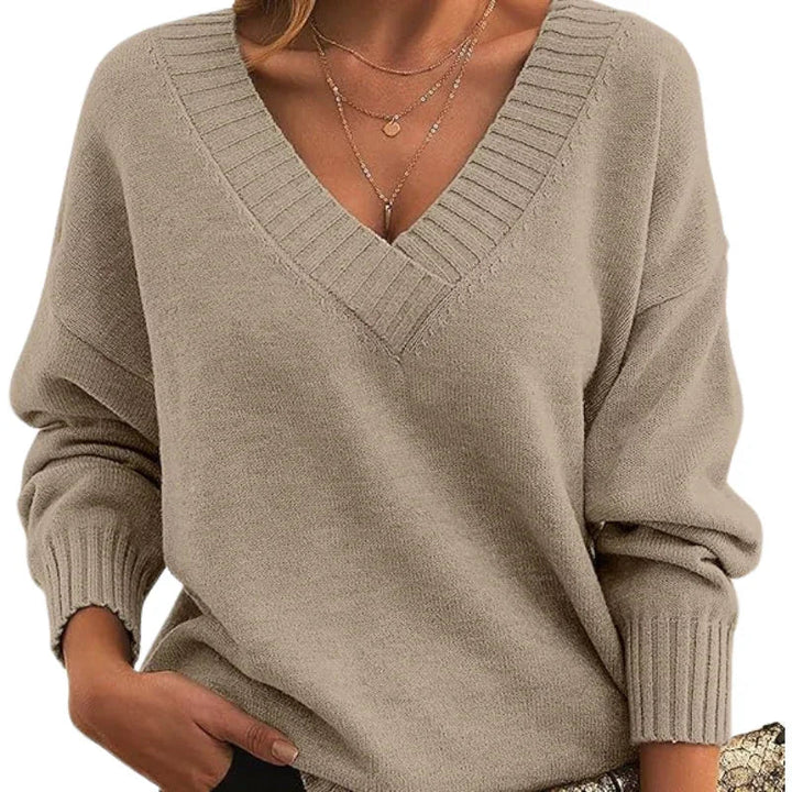 Women's Relaxed Fit V-Neck Sweater - Soft Textured Knit Jumper for Everyday Wear 0