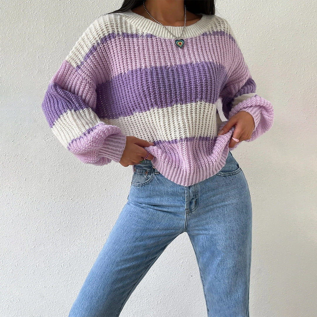 Women's Striped Knit Jumper with Crew Neck and Long Sleeves – Cozy Casual Ladies Jumper for Everyday Wear 0