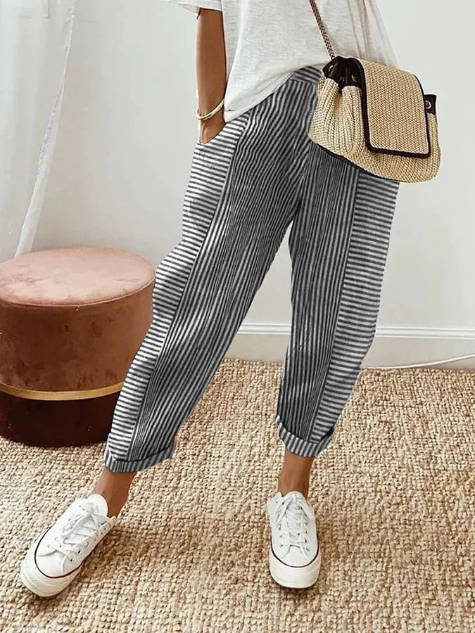 Women's Striped Pants Blue Size M Cotton 1