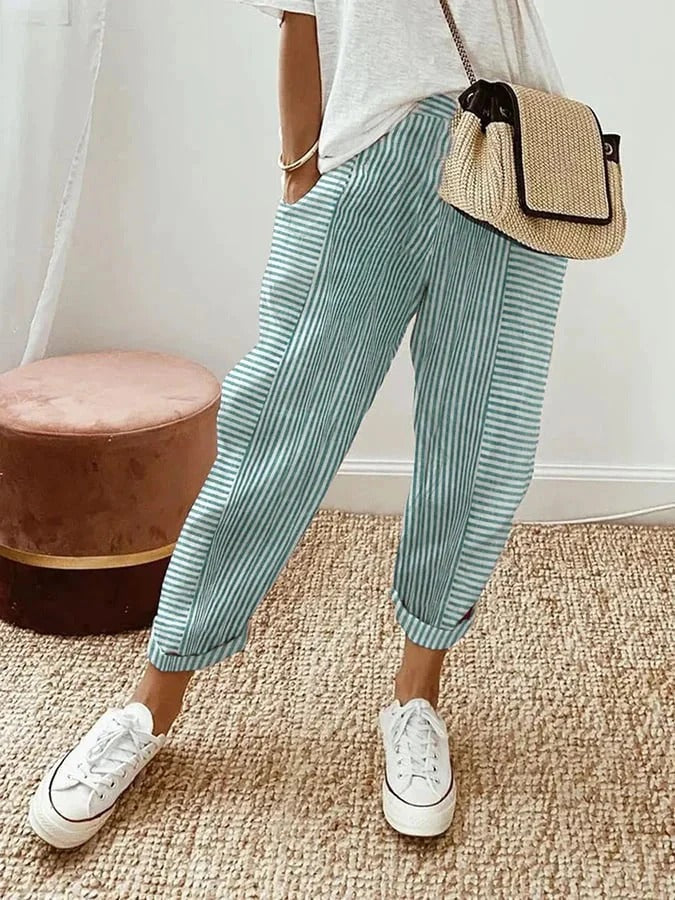 Women's Striped Pants Blue Size M Cotton 2