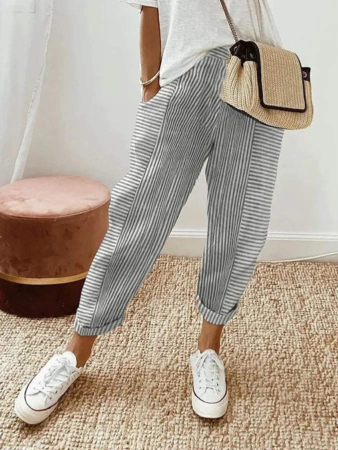 Women's Striped Pants Blue Size M Cotton 3