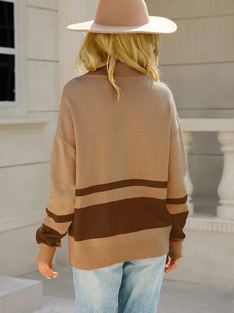 Women's Striped Patchwork Zip-Up Knit Jumper with Long Sleeves for Casual Comfort 5