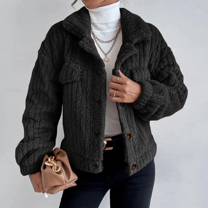 Women's Teddy Coat - Cozy Short Winter Coat with Long Sleeves and Chest Pockets - Stylish Faux Fur Jacket 0