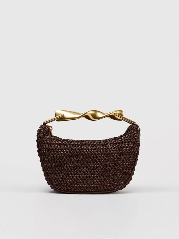 Woven Straw Handbag with Twisted Gold Handle – Stylish and Versatile Accessory for Casual Outings and Parties 0