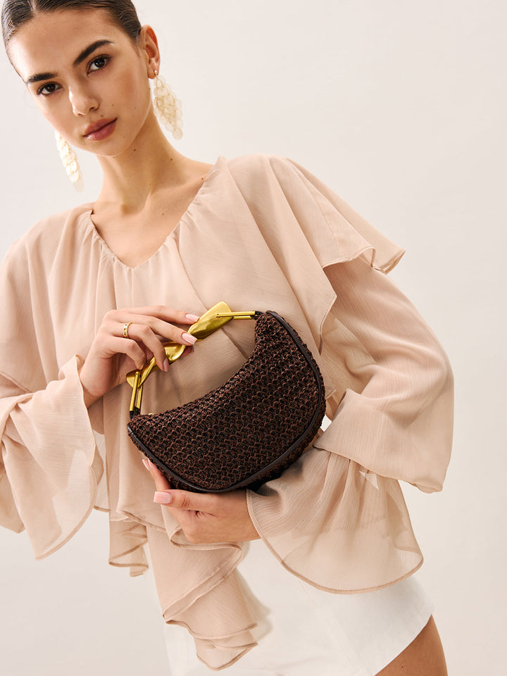 Woven Straw Handbag with Twisted Gold Handle – Stylish and Versatile Accessory for Casual Outings and Parties 2