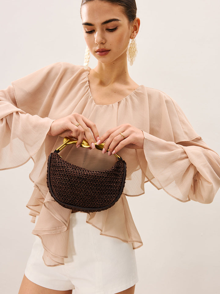 Woven Straw Handbag with Twisted Gold Handle – Stylish and Versatile Accessory for Casual Outings and Parties 4