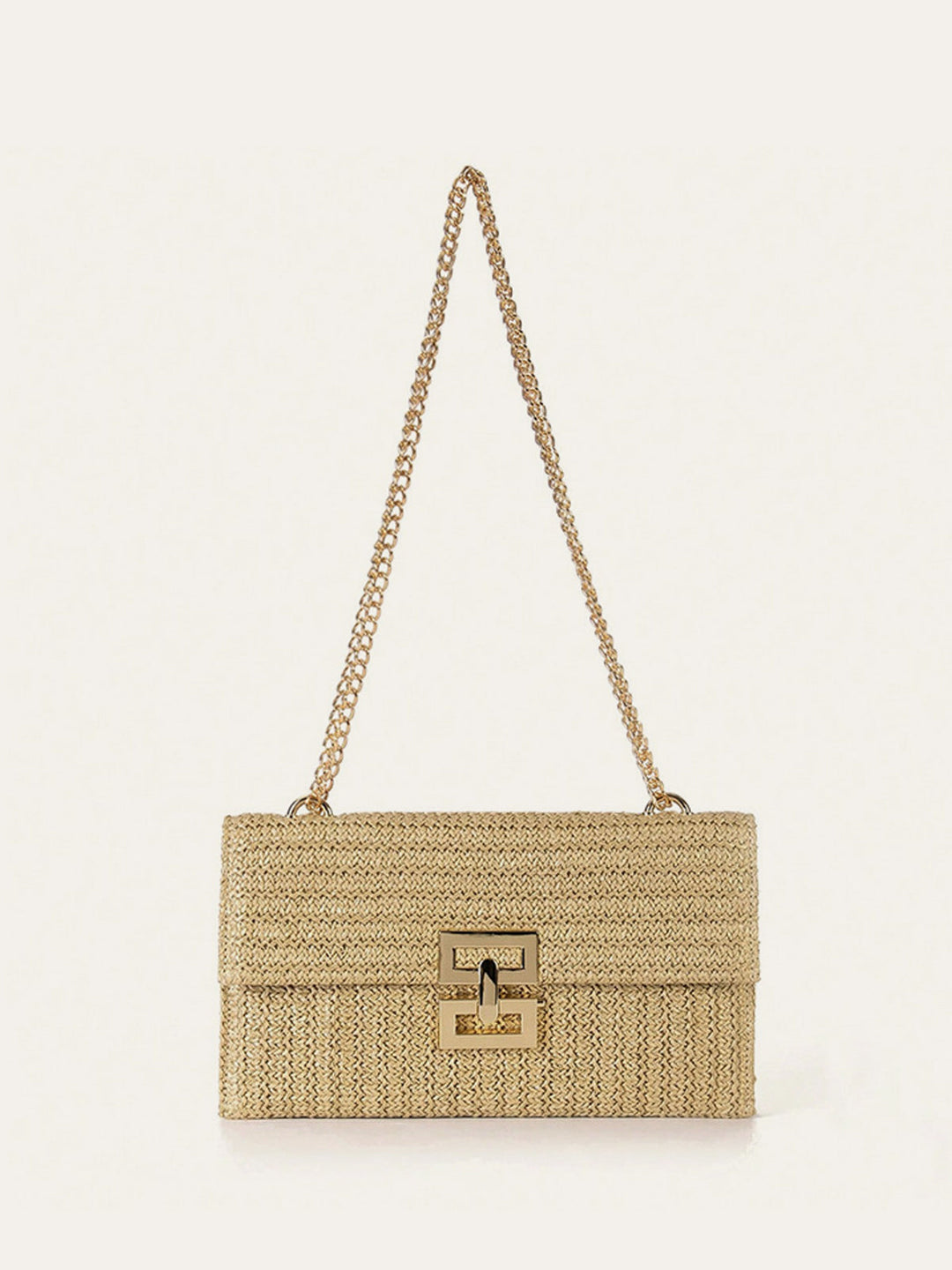 Woven Straw Shoulder Bag with Chain Strap – Lightweight Flap Closure, 29CM x 18CM, Eco-Friendly Accessory 0