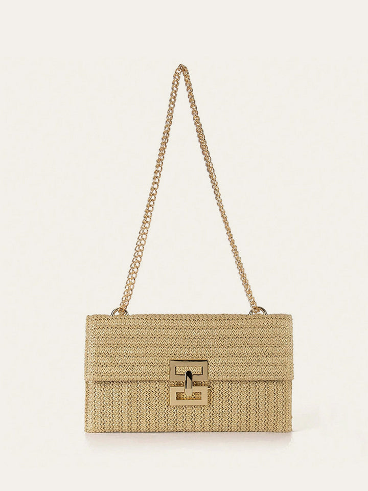 Woven Straw Shoulder Bag with Chain Strap – Lightweight Flap Closure, 29CM x 18CM, Eco-Friendly Accessory 0